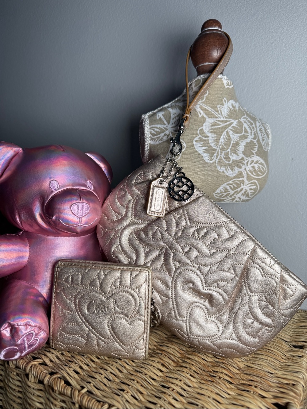 Y2K-Coach Metallic Rose Gold Quilted Heart Wristlet and Mini Wallet Set